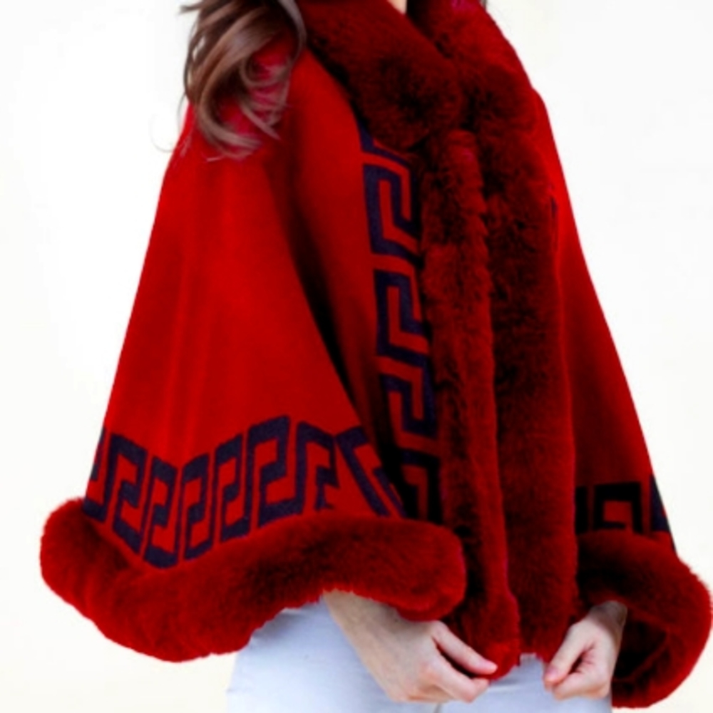 Burgundy Wine Fur Trimmed Poncho Wrap Sweater Cape Shrug Coat💞👗🎽👖👜💞👠💕